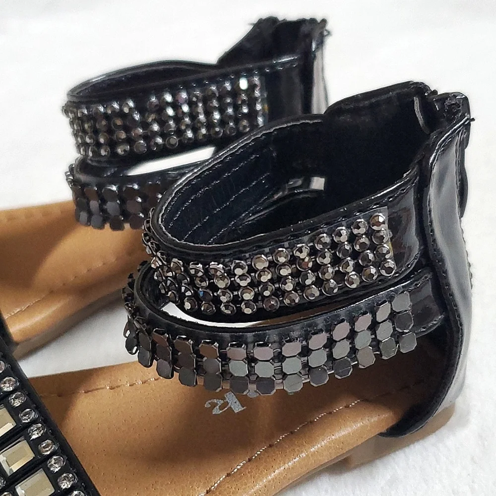 Black Rhinestone & Metal Zip Back Sandals Baby Girl Size 5 Shoes - Picture 6 of 11